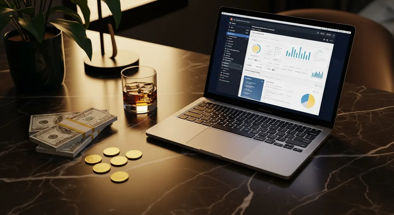 Luxurious home office desk with MacBook Pro dashboard, gold coins, cash, and emerald plant representing digital entrepreneurship and step-by-step wealth building