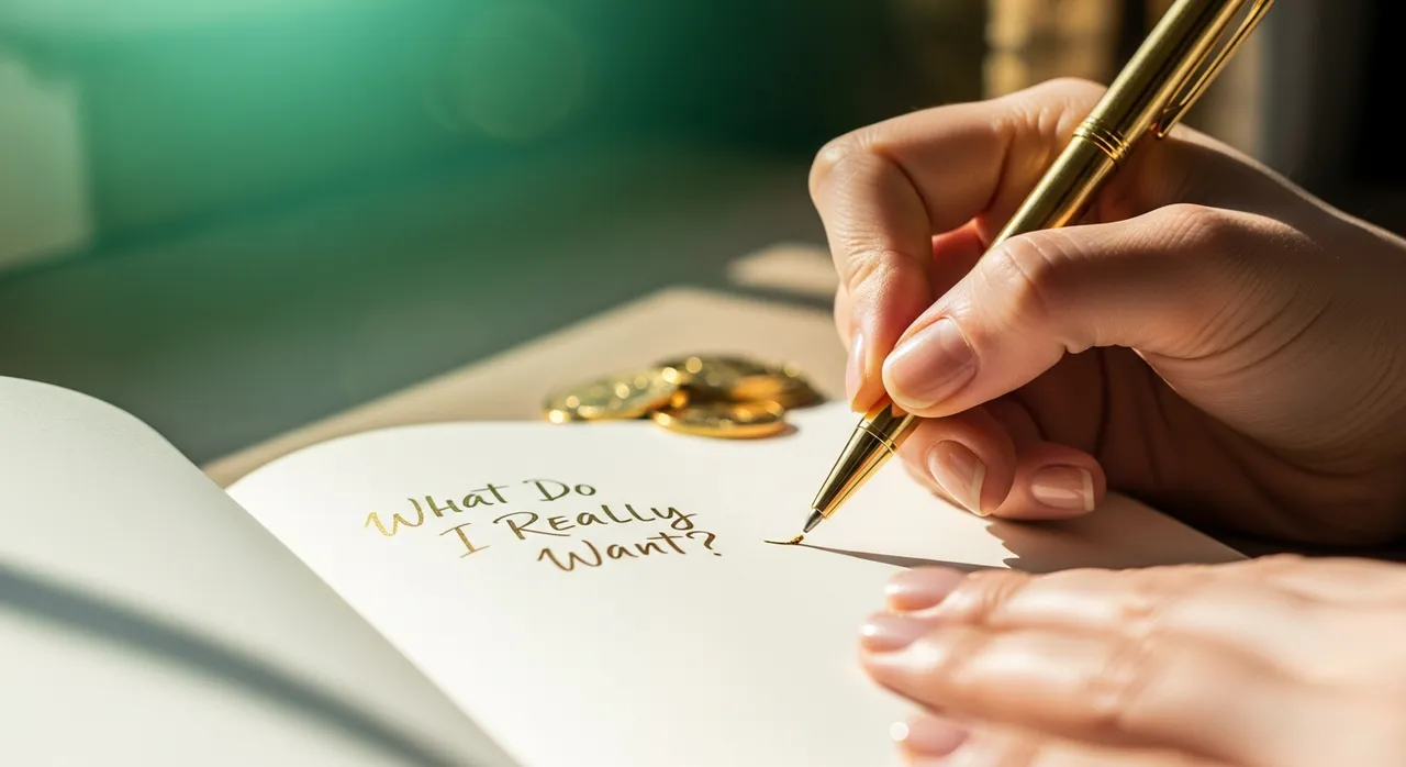Person writing 'What Do I Really Want?' in a premium journal with gold pen