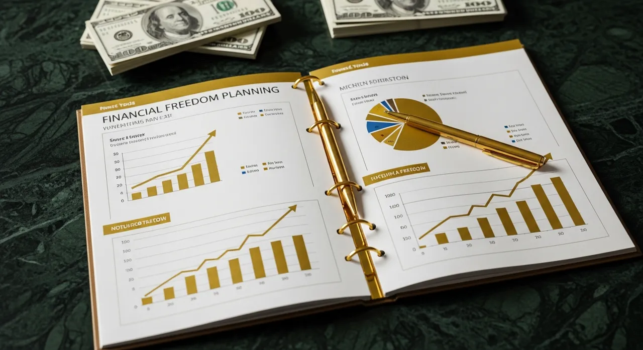 Elegant financial freedom planning charts and graphs on an emerald marble desk