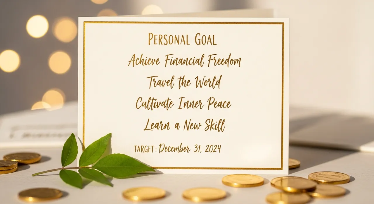 Beautiful handwritten personal goal card on cream cardstock with gold border