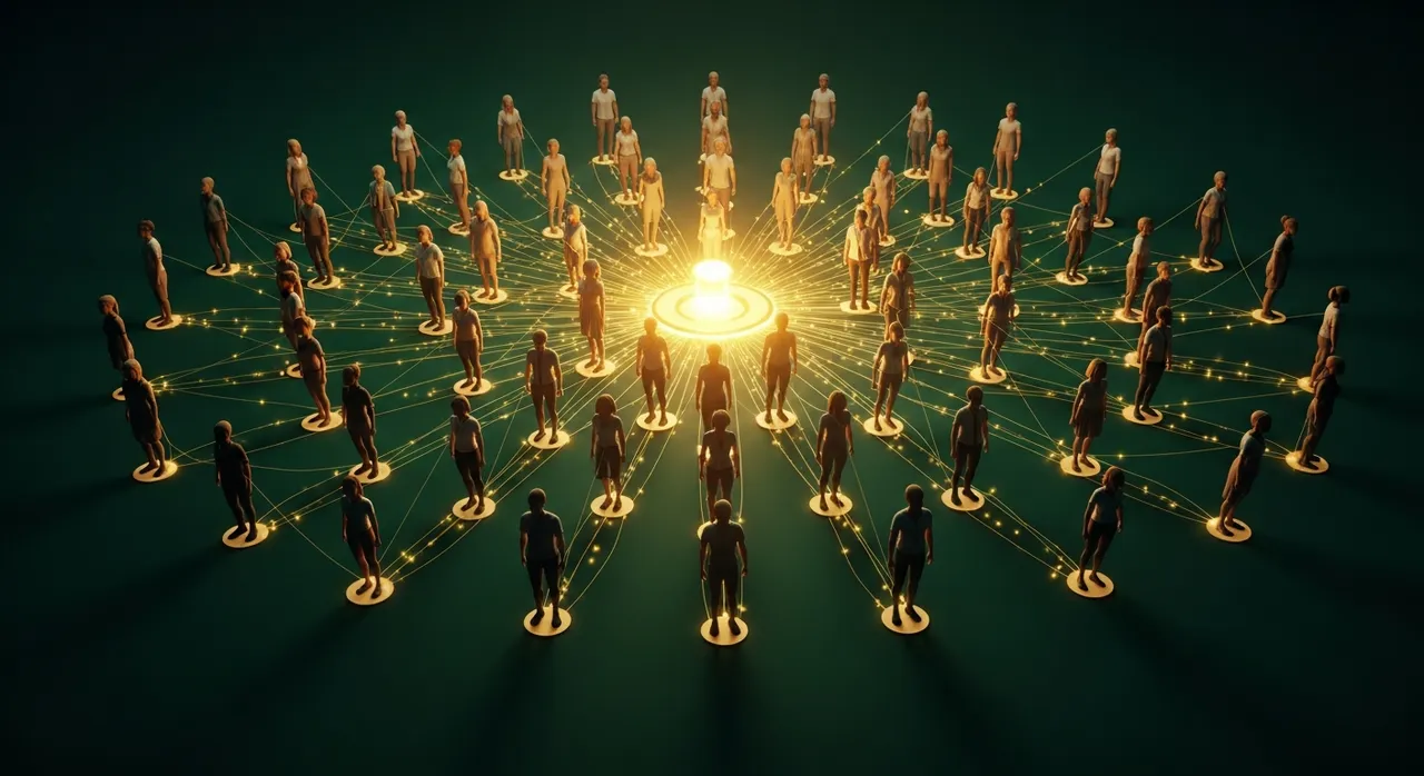 Abstract visualization of glowing gold community network with connected silhouettes