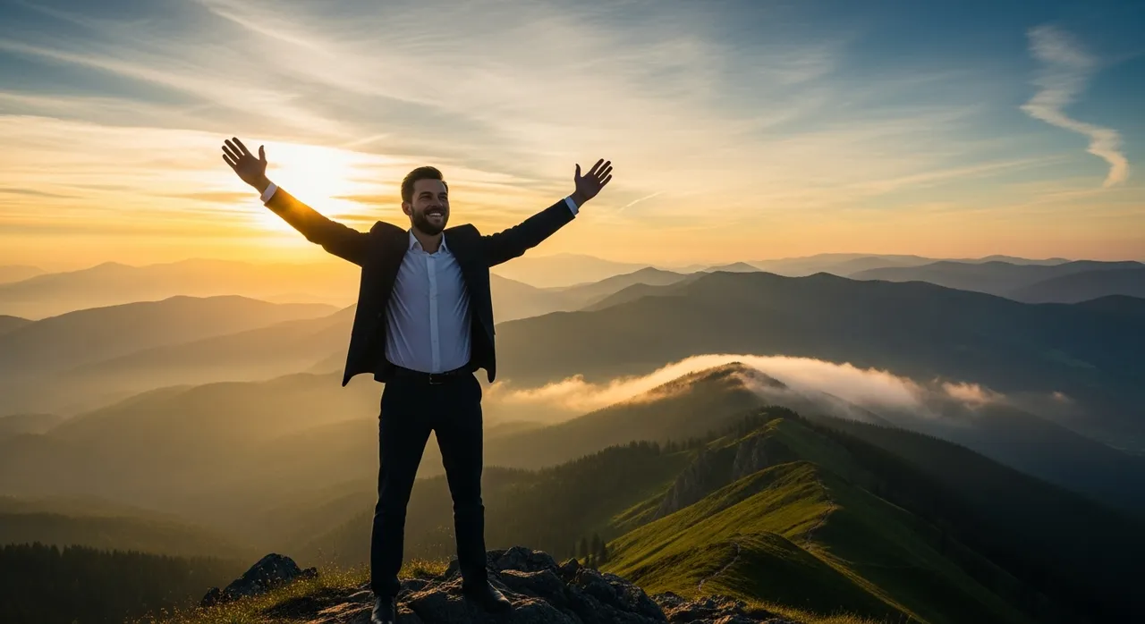 Entrepreneur triumphantly at a mountain summit at golden hour, representing peak achievement